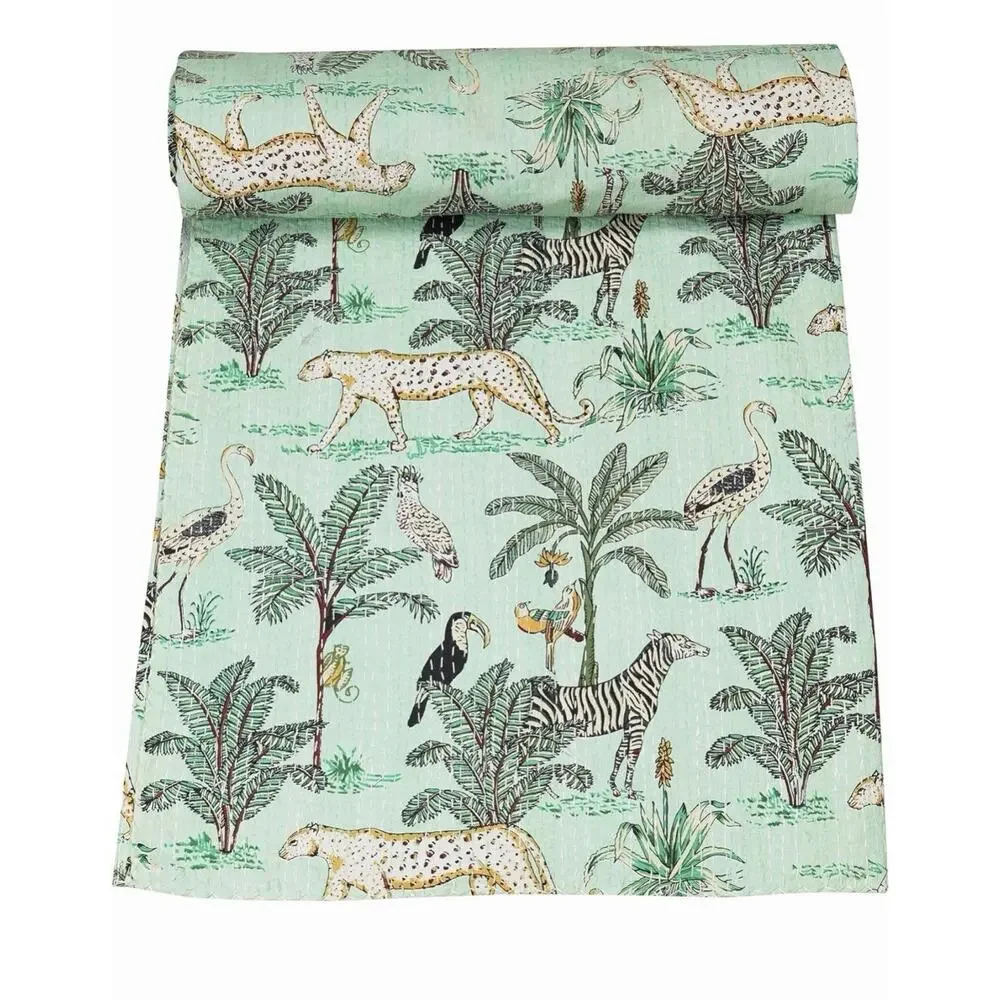Marubhumi Indian Traditional Cotton Jungle Print Kantha Quilt Mint Queen